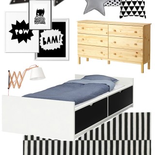 Black & White Superhero Inspired Boys Room Mood Board