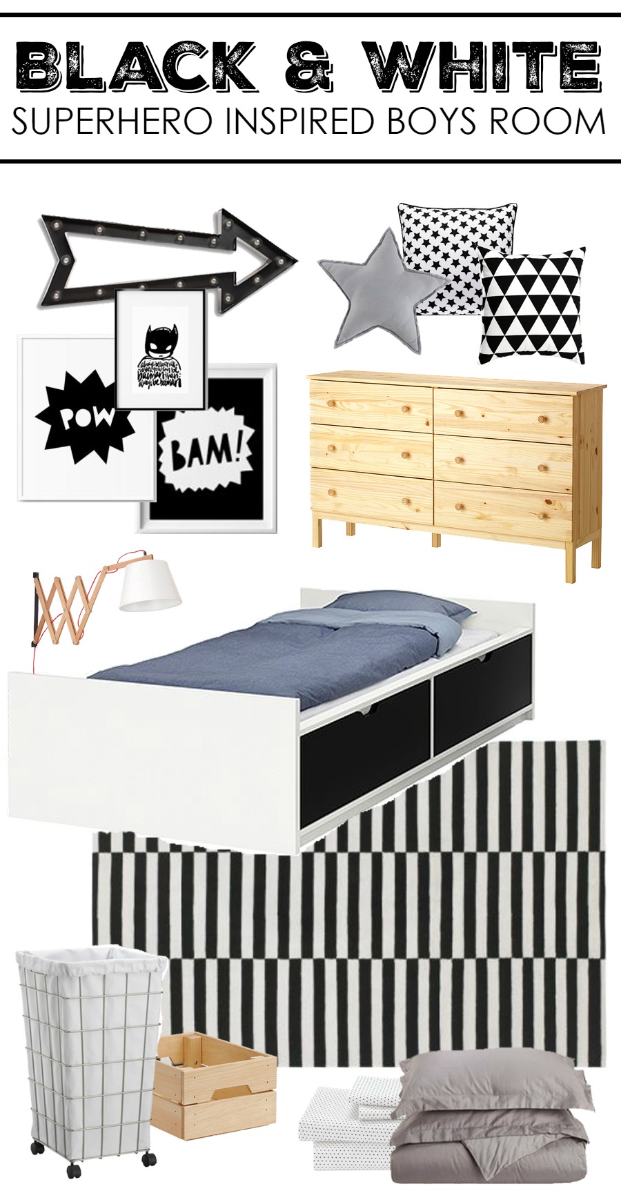 Black & White Superhero Inspired Boys Room Mood Board