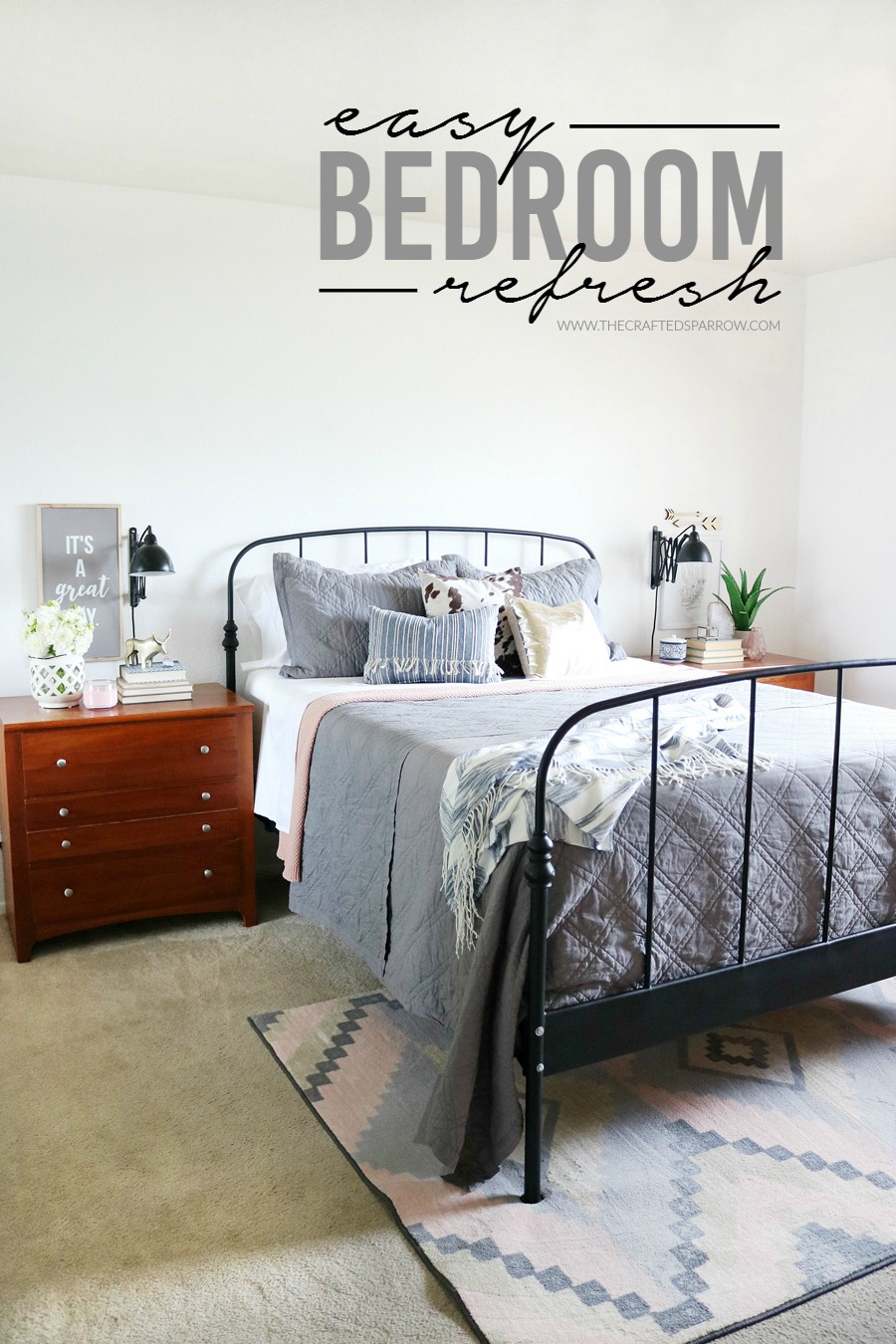 Easy Bedroom Refresh - Neutral basics mixed with soft touches of pinks and southwest elements.