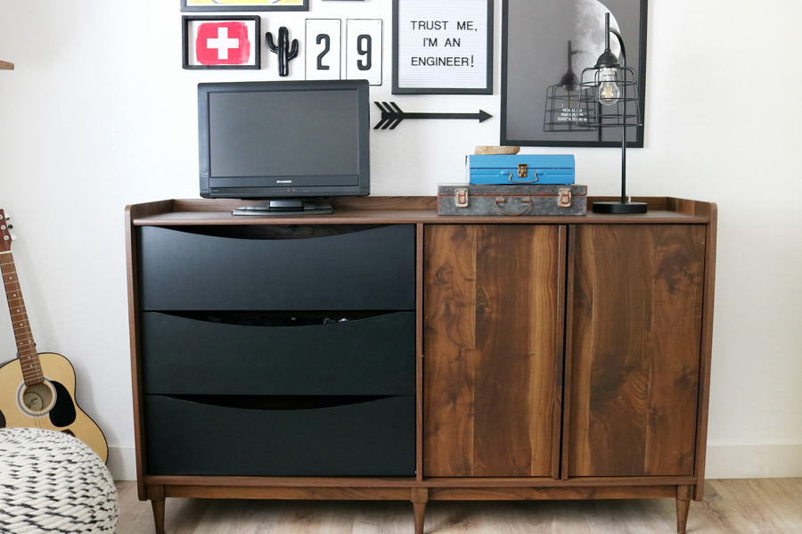 Teen Boy's Room Storage Solutions - This Better Homes & Gardens Montclair TV Stand has a great Mid-Century Modern look and the vintage walnut color is so good.